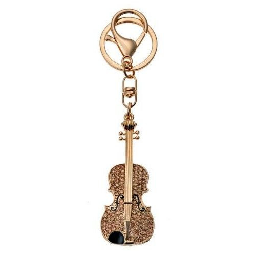 Fém kulcstartó hegedűvel, arany színű üveggyönggyel